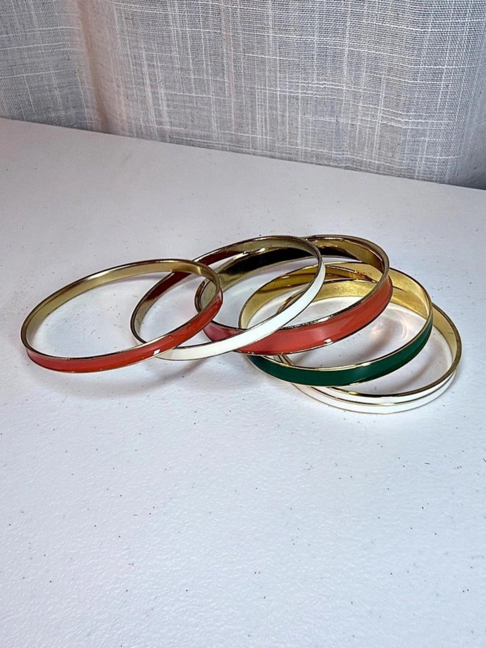 Set of 7 Gold Tone Enamel Bangle Bracelets | Coral Green White Stackable Bracele